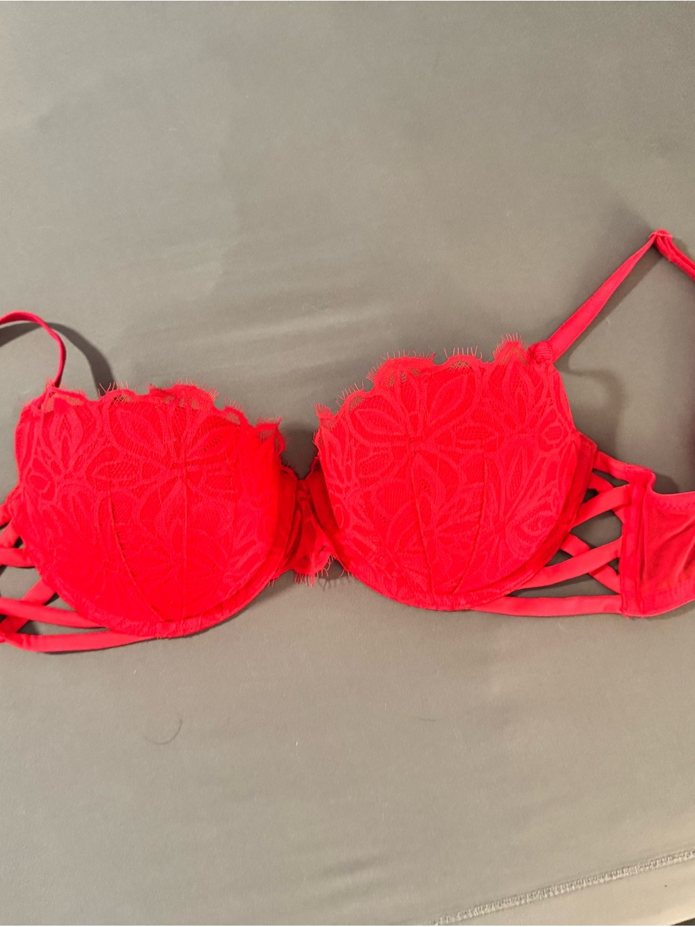 PINK Victoria's Secret Red Lace Balconette Bra with Strappy Sides